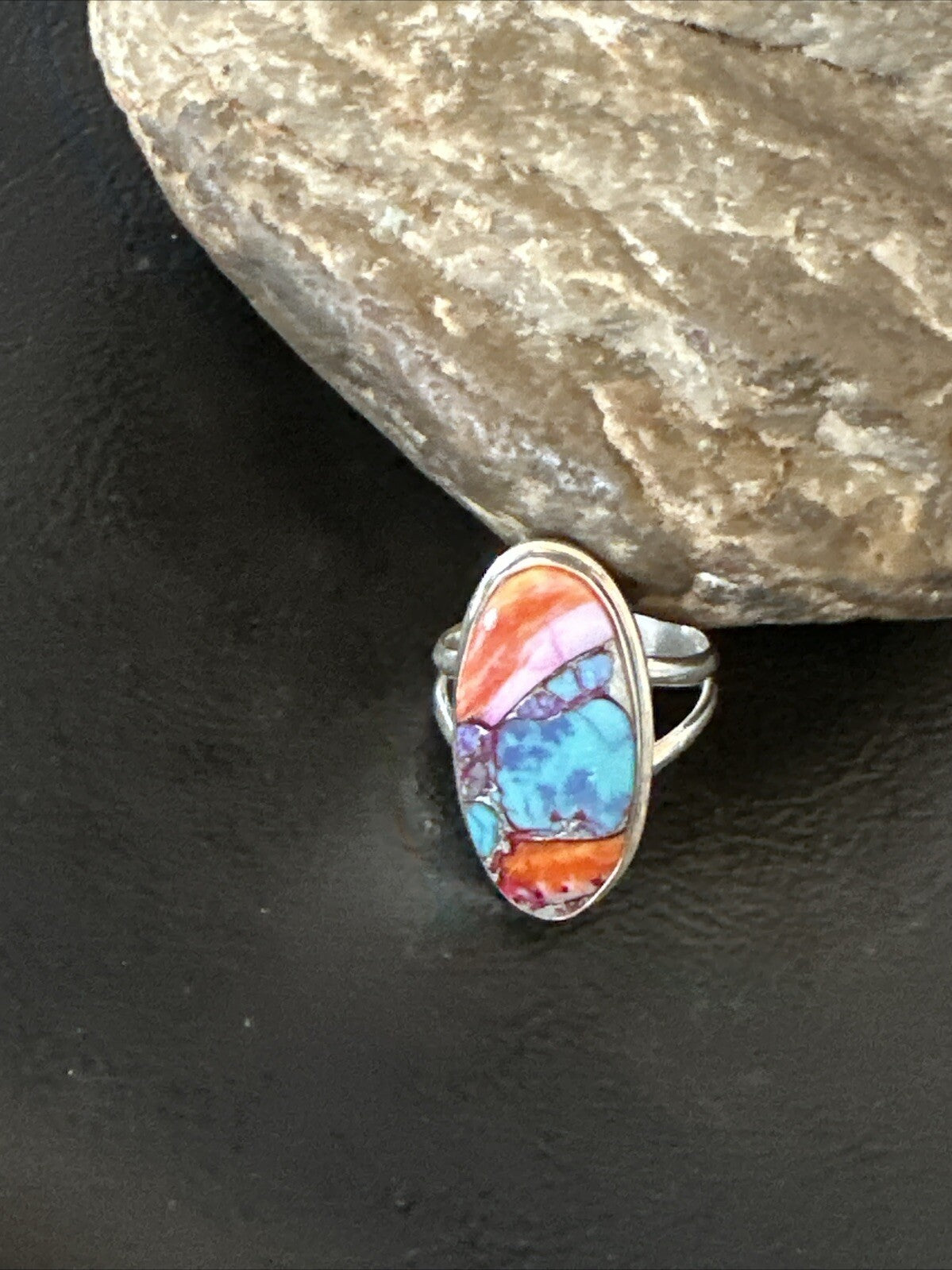 Blue Turquoise Spiny Oyster Southwestern Sterling Silver Ring Size 8 18437