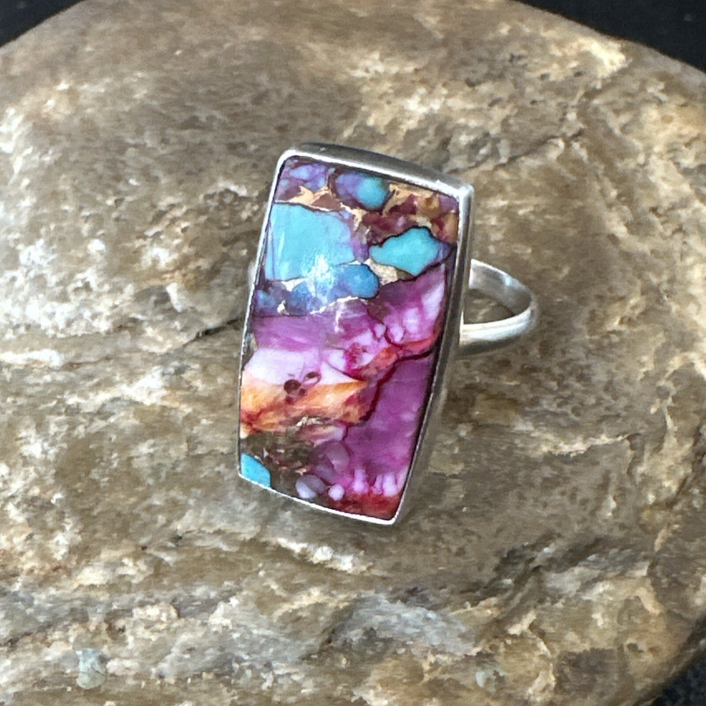 Blue Turquoise Spiny Oyster Southwestern Sterling Silver Ring Size 11 18453
