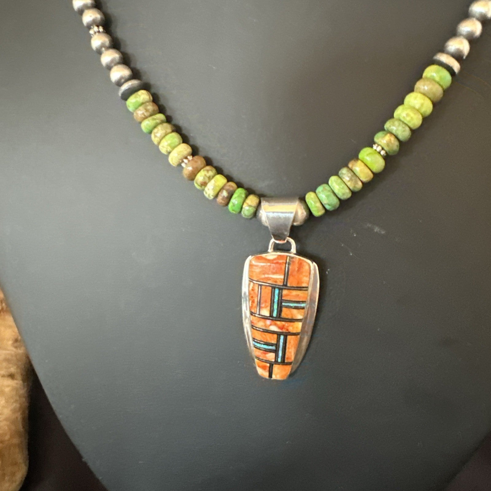Green Turquoise Orange Spiny Pendant Sterling Silver Necklace 21” 19228