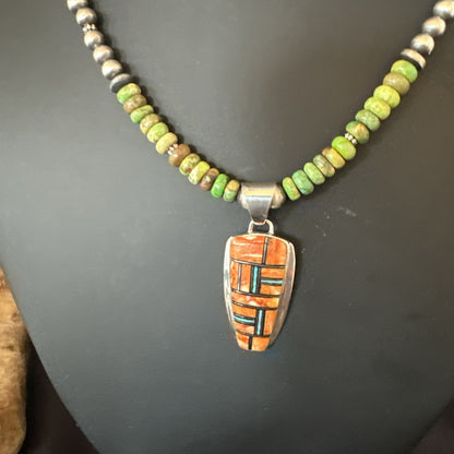 Green Turquoise Orange Spiny Pendant Sterling Silver Necklace 21” 19228