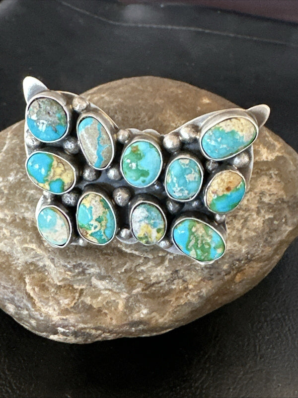 Butterfly Navajo Cluster Sonoran Blue Turquoise Ring Sz 11 | Sterling Silver | Authentic Native American Handmade | 18604