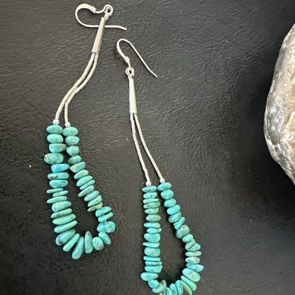 Long Blue Turquoise Nugget Bead Sterling Silver Beads Navajo Earrings 3” 18096