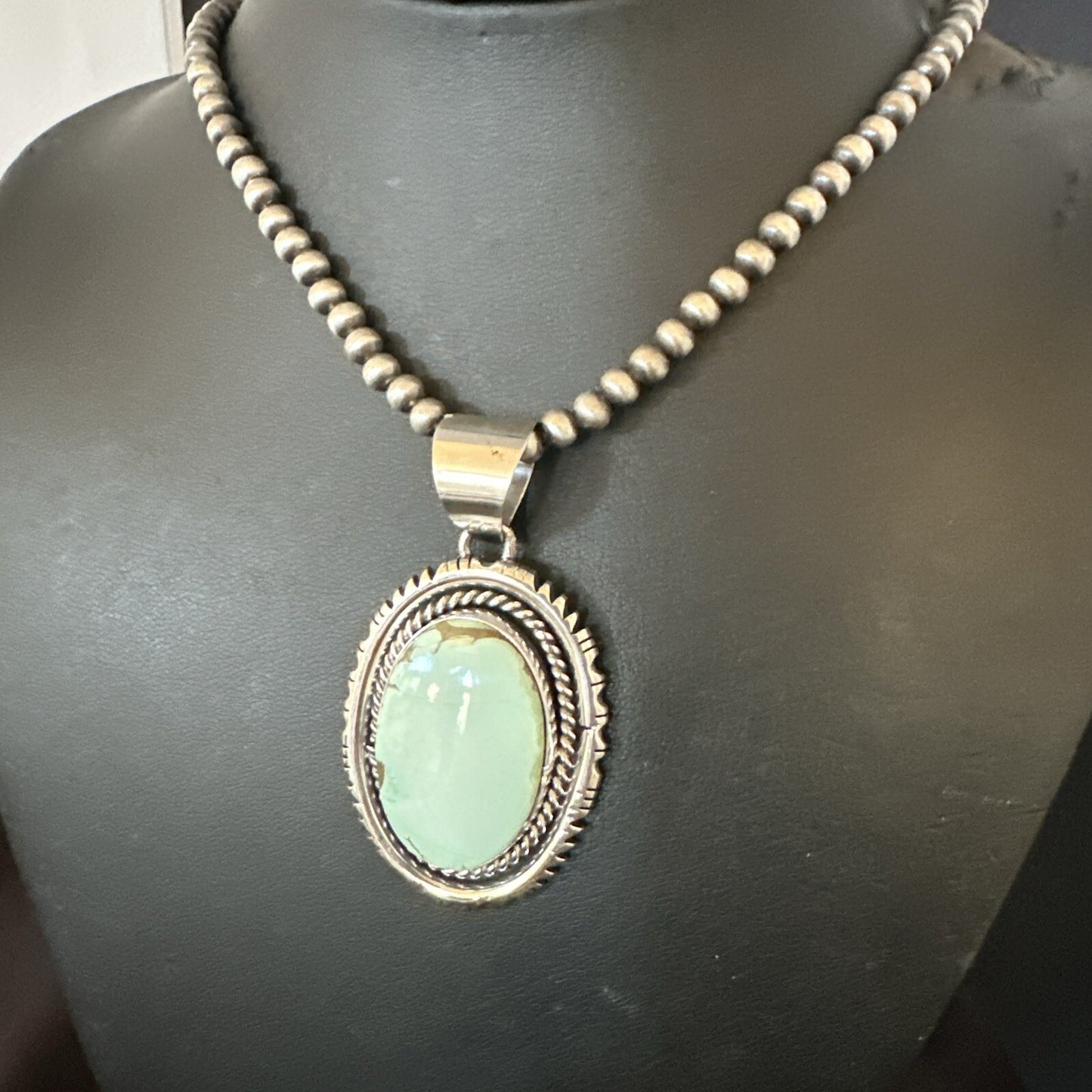 Mens Women Navajo Sterling Silver Green Turquoise Necklace Pendant 18194