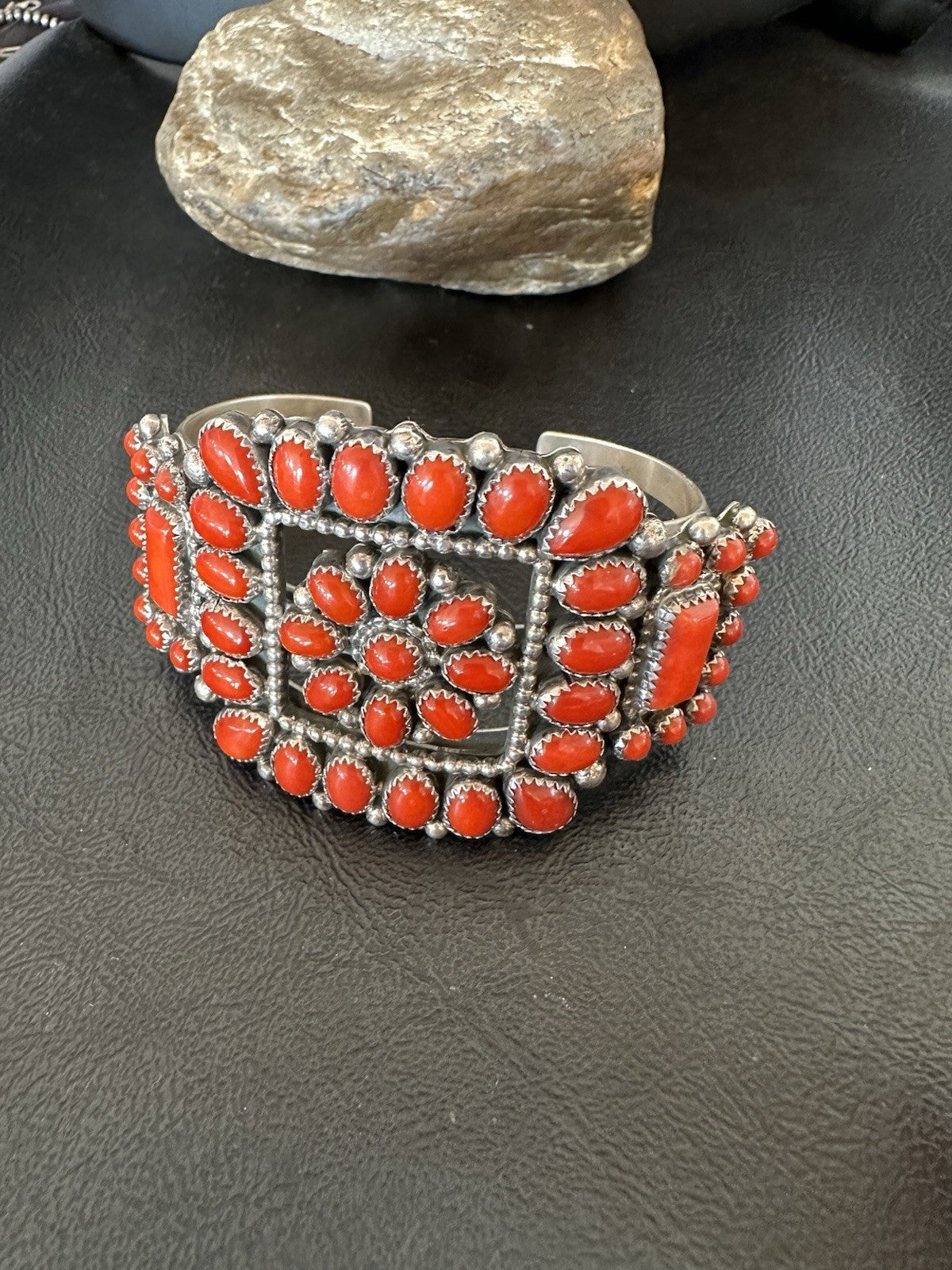 Mens Womens Red Coral Navajo Sterling Silver Cluster Cuff Bracelet 7.25" 19426