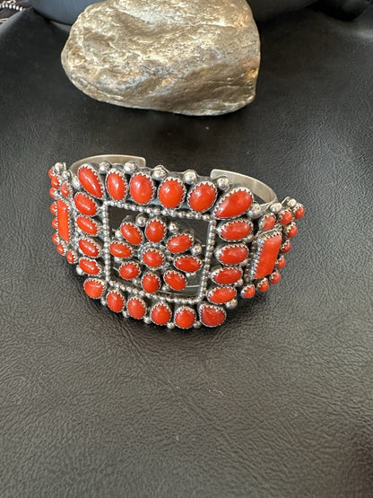 Mens Womens Red Coral Navajo Sterling Silver Cluster Cuff Bracelet 7.25" 19426