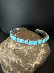 Blue Kingman SB Turquoise Navajo Cuff Bracelet 8" | Sterling Silver | Authentic Native American Handmade | 19070