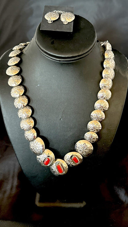 Reversible Coral Turquoise Navajo Sterling Silver Necklace Earrings 24" 17769