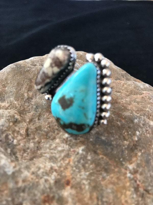 Crazy Horse Blue Turquoise Navajo Ring Size 8 | Sterling Silver | Authentic Native American Handmade | 14698