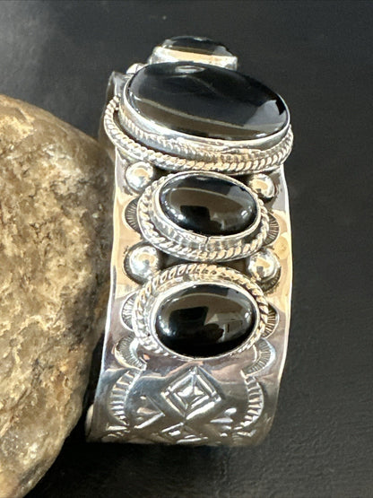 Native Mens Navajo Sterling Silver Black Onyx Cuff Bracelet 5 Stone 18018
