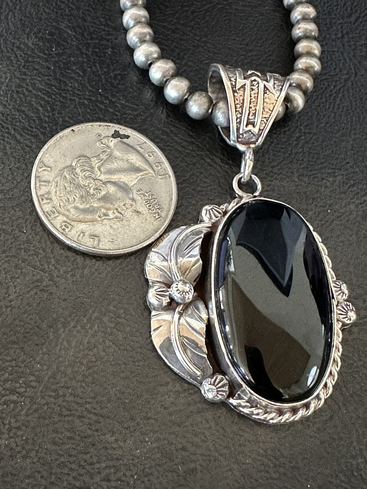 Mens Womens Black Onyx Pendant Navajo Sterling Silver Beads Necklace 18314
