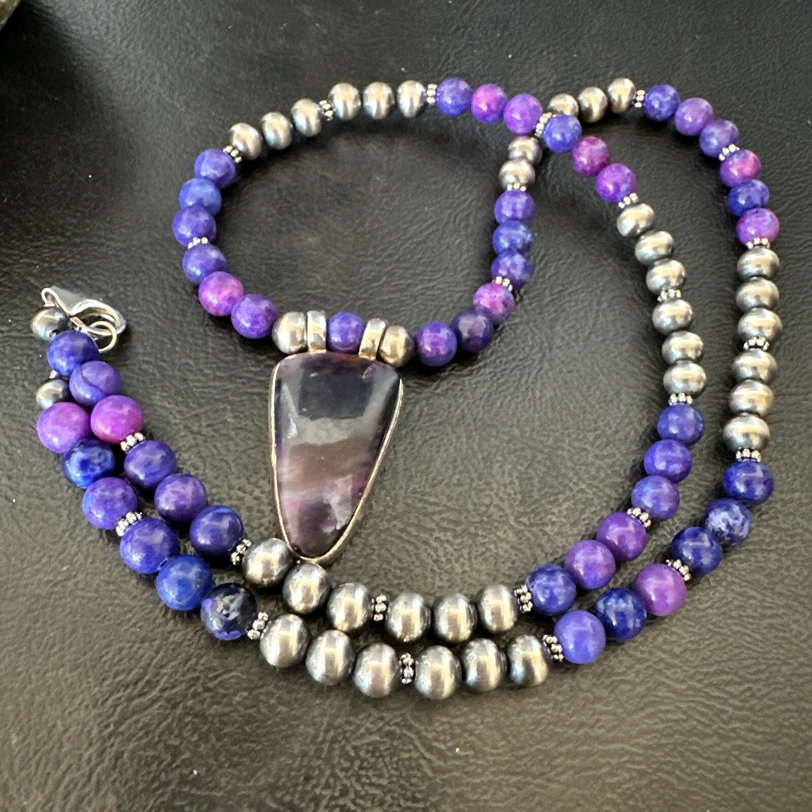 Purple Stone Pendant Navajo Pearls Sterling Silver Necklace 22” 18294