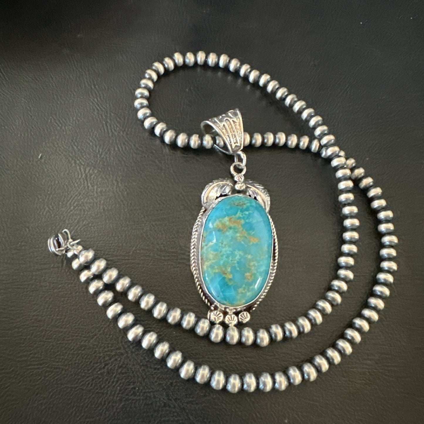 Mens Blue Kingman Turquoise Pendant Navajo Pearls Sterling Silver Necklace 19344