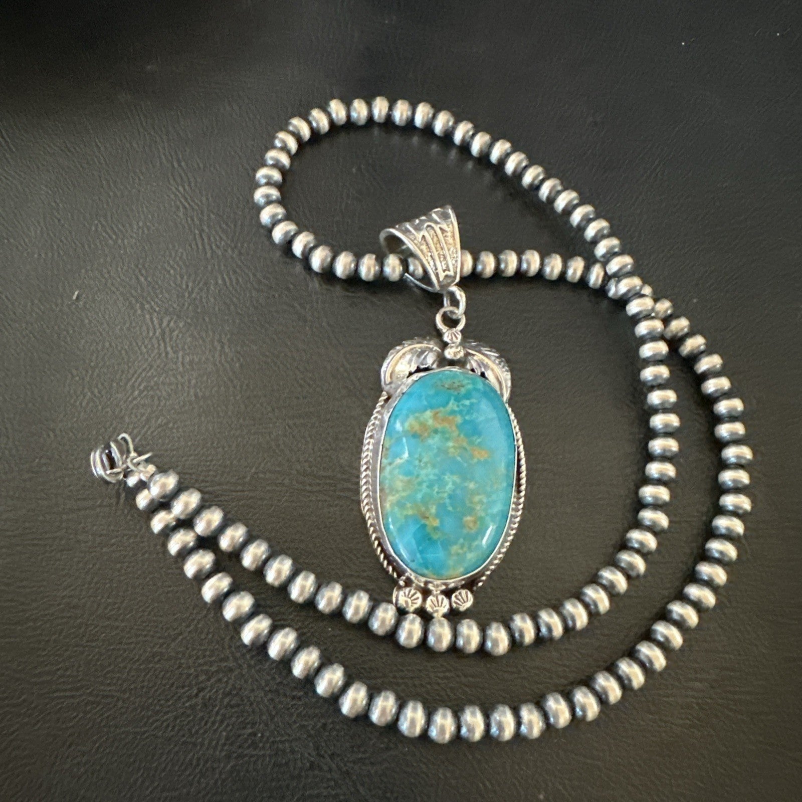 Mens Blue Kingman Turquoise Pendant Navajo Pearls Sterling Silver Necklace 19344