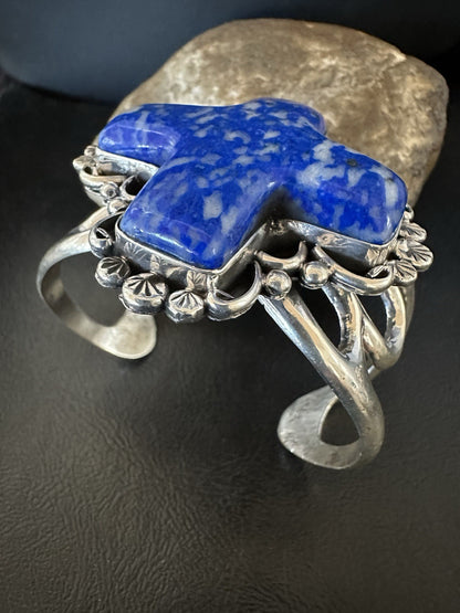Mens WoMens Tufa Denim Lapis Navajo Sterling Silver Cuff Bracelet 7.7" 19454