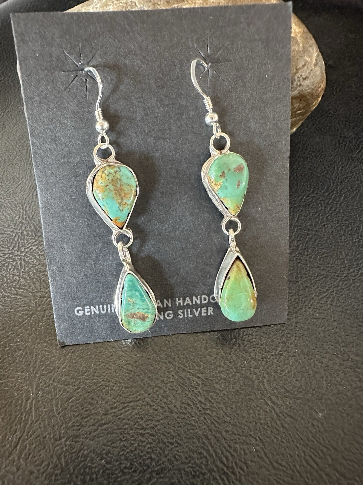 Green Royston Turquoise Navajo Sterling Silver Dangle Earrings 19369