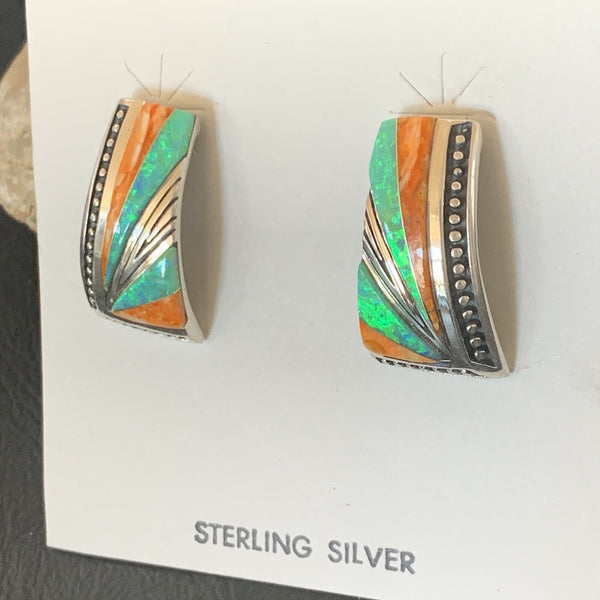 Navajo Blue Opal Oval Spiny Oyster Inlay Earrings | Sterling Silver | Authentic Native American Handmade | 12118