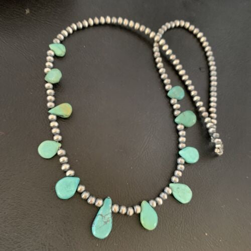 Navajo Pearls Necklace Sterling Silver Blue Turquoise Teardrop 13158