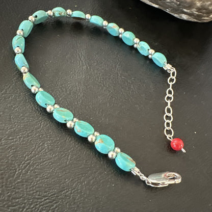 Womens Blue Turquoise Bead Southwestern Sterling Silver Link Bracelet 8" 17976