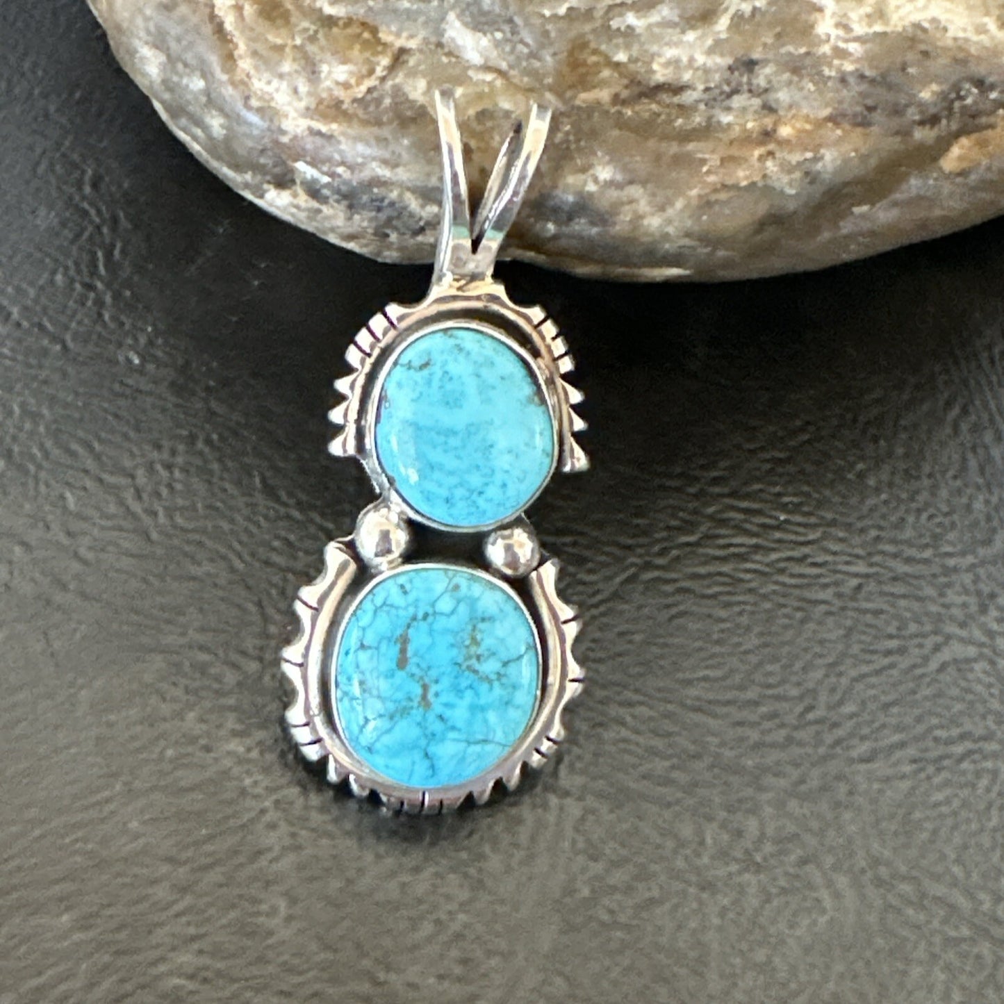 Blue Turquoise 2 Stone Navajo Sterling Silver Cluster Pendant Only 18350