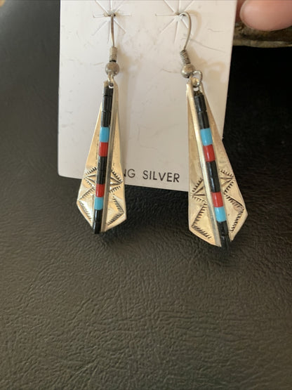 Turquoise & Coral Inlay Navajo Sterling Silver Earrings 1.5" 01710