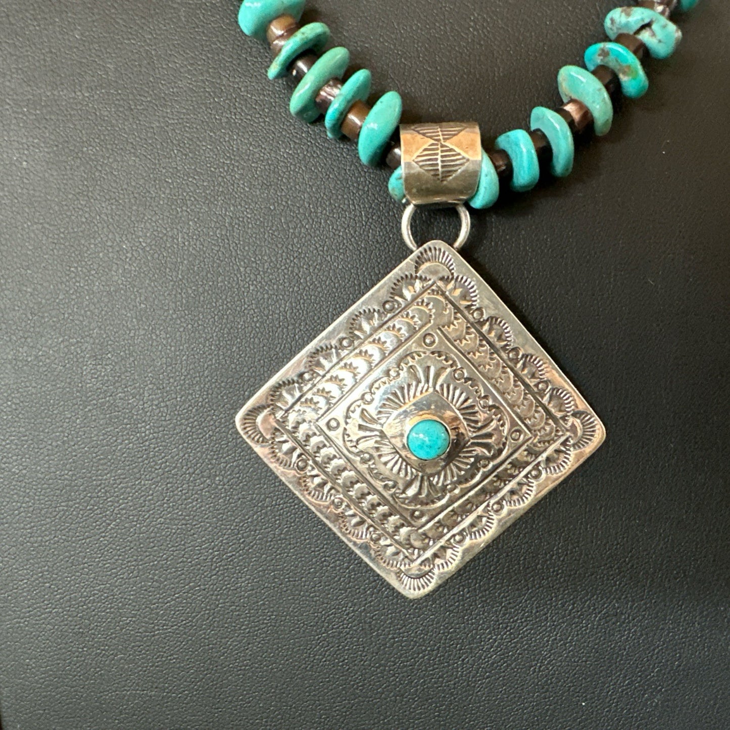 Navajo Blue Turquoise Stamped Pendant Shell Sterling Silver 25” Necklace 19707