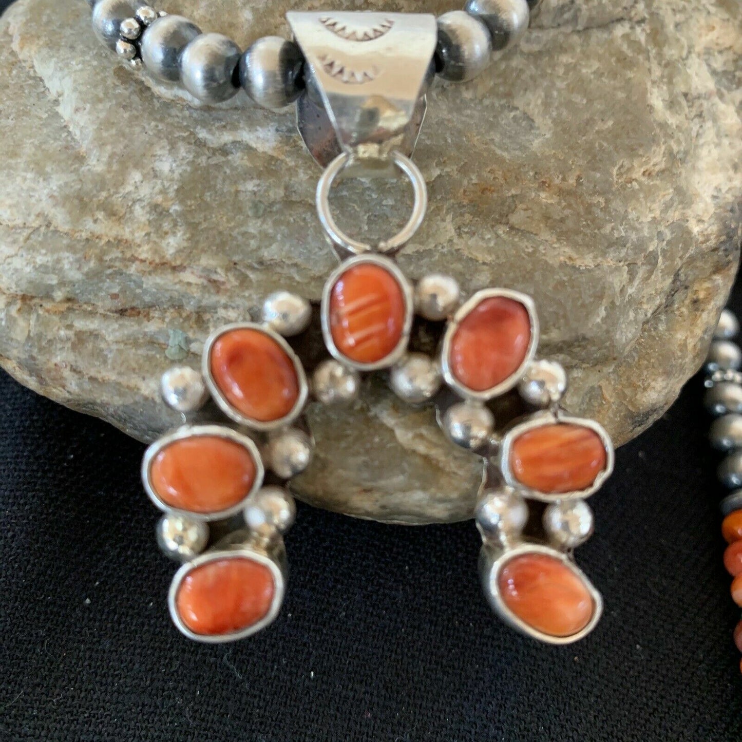 Spiny Oyster Cluster Naja Pendant Navajo Pearls Sterling Silver Necklace 00283