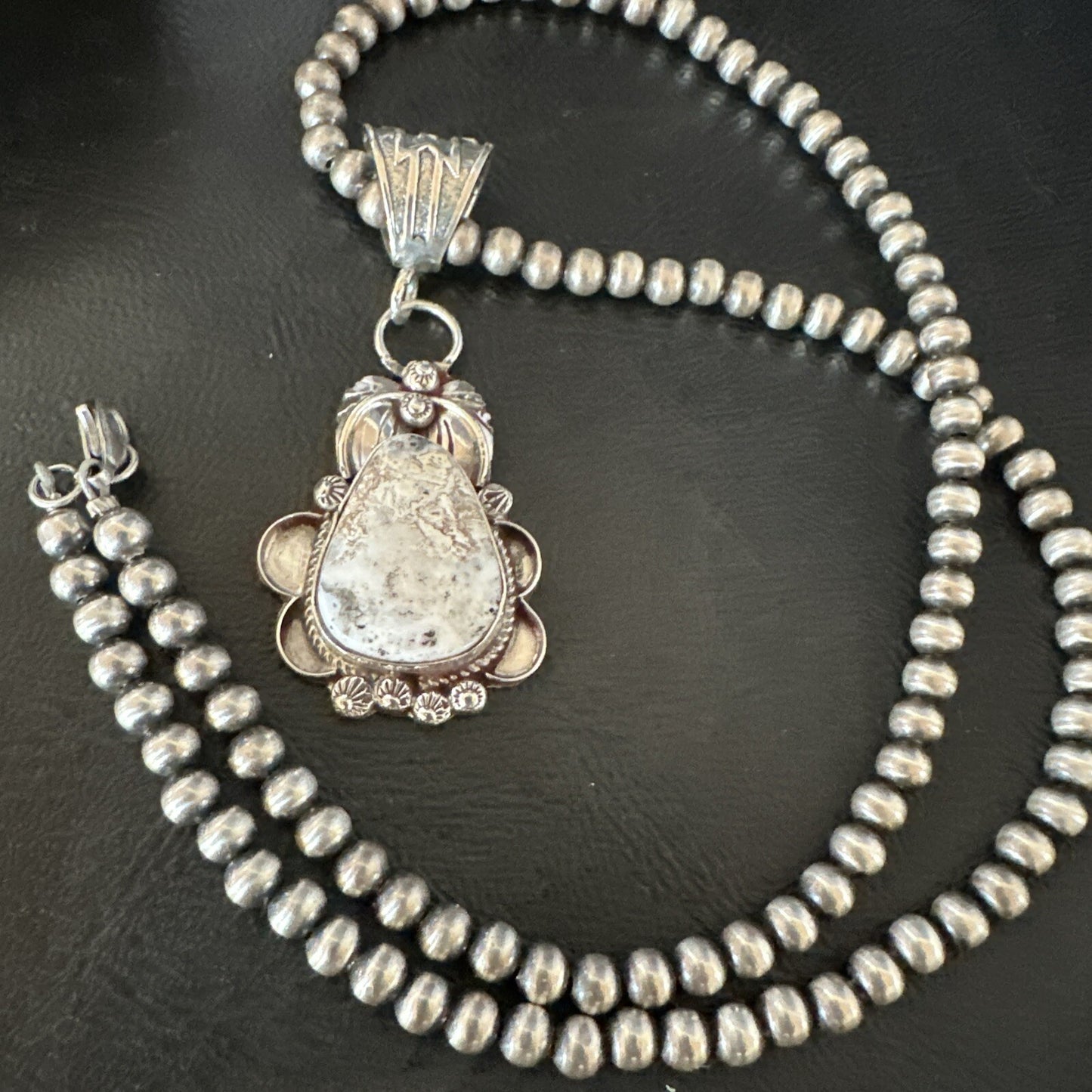 White Buffalo Turquoise Pendant  Sterling Silver Beads Necklace 17986