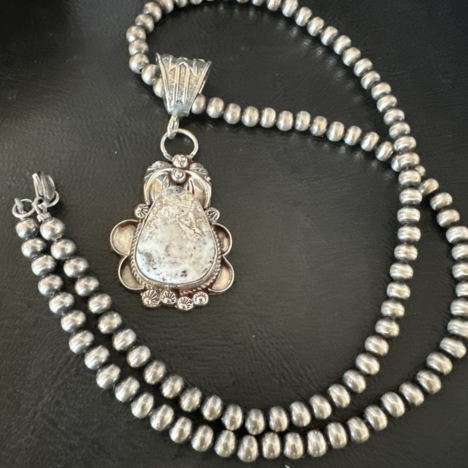 White Buffalo Turquoise Pendant  Sterling Silver Beads Necklace 17986