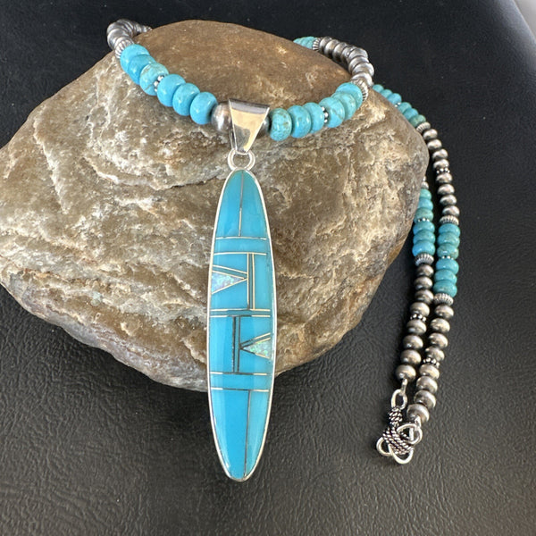 Blue Turquoise Pendant Navajo Pearls Necklace | Sterling Silver | Authentic Native American Handmade | 15425
