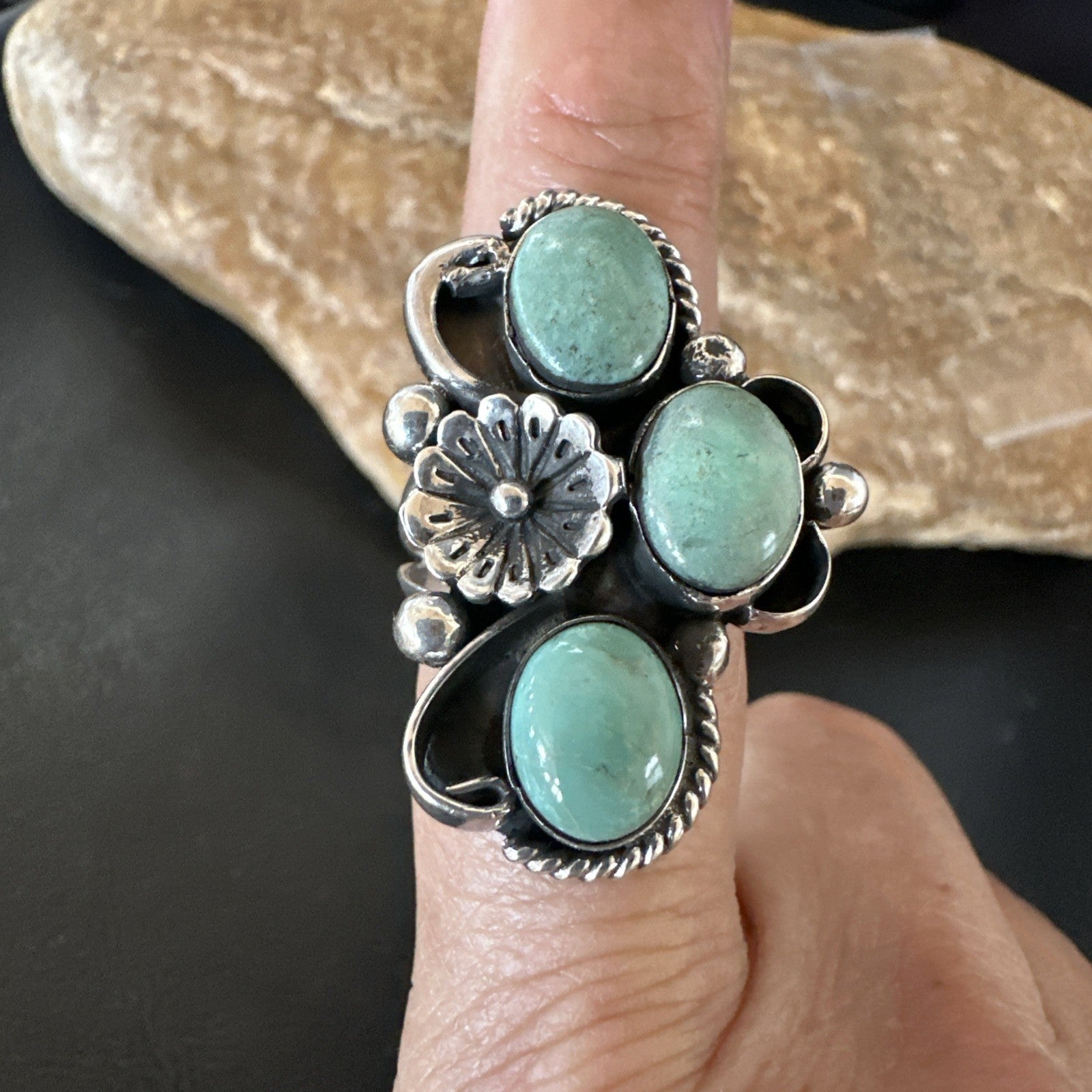 Yazzie Ring Green Turquoise Navajo Sterling Silver Cluster Size 8 19223