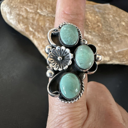 Yazzie Ring Green Turquoise Navajo Sterling Silver Cluster Size 8 19223