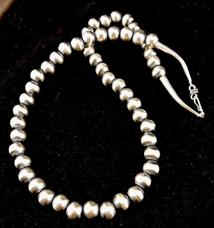 Native American 12mm Sterling Silver Navajo Pearls 24" Hook & Eye Cone Necklace