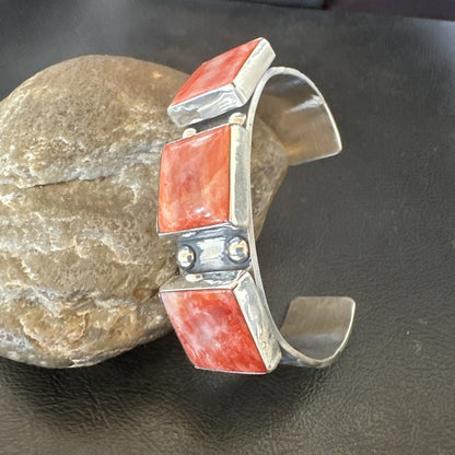 Red Spiny 3 Stone Sterling Silver Navajo Cuff Bracelet 7.7" 19487