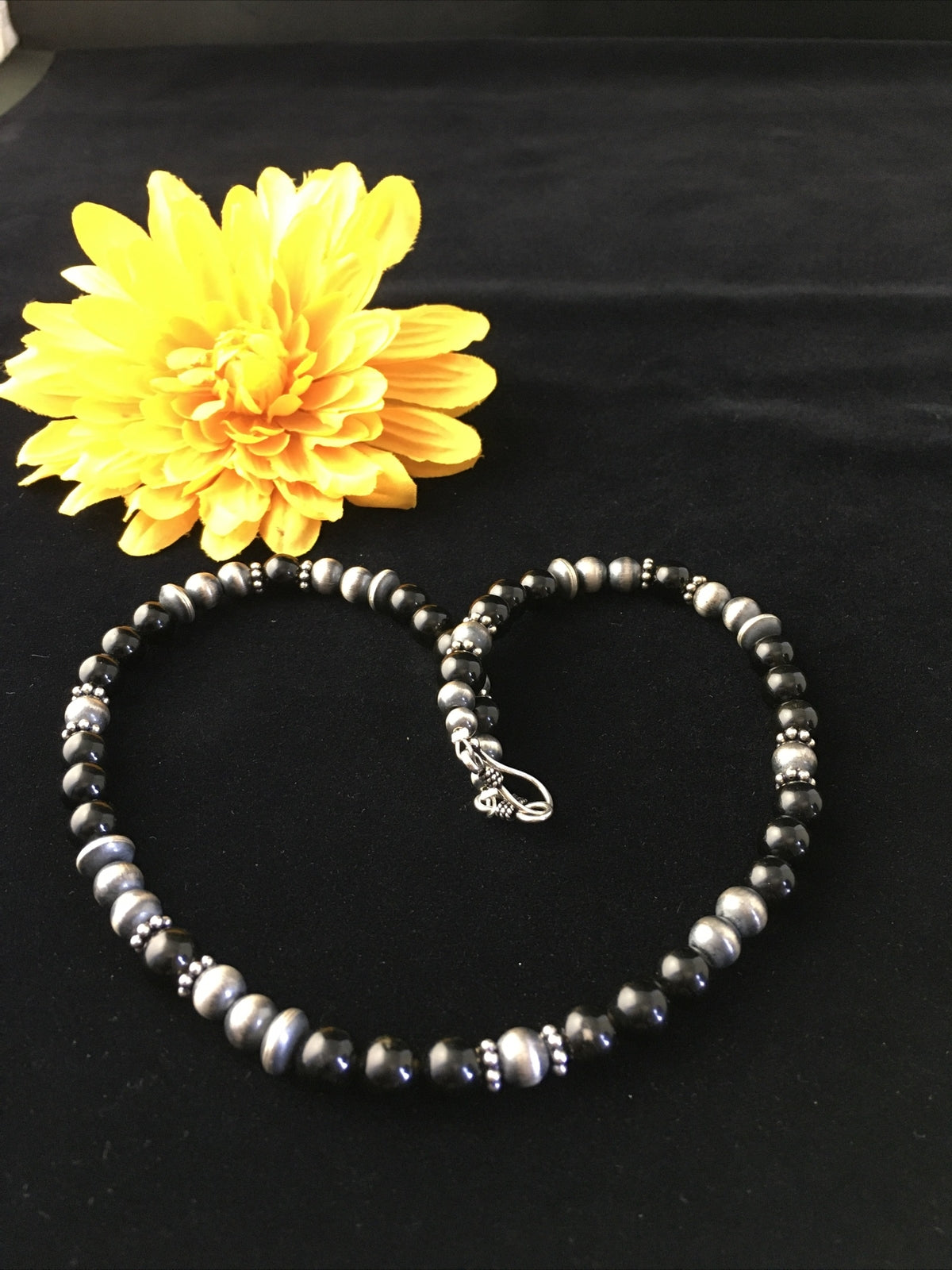 Mens Black Onyx Navajo Sterling Silver Bead Necklace 1743