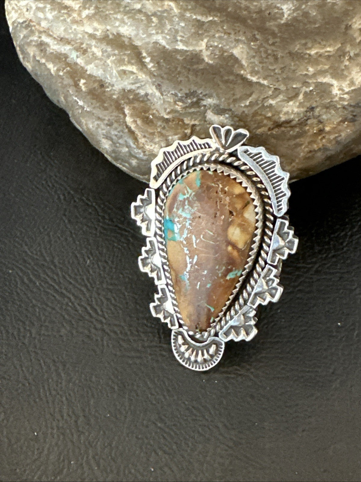 Navajo Sterling Silver Ribbon Boulder Green Turquoise Ring Size 11.5 19614