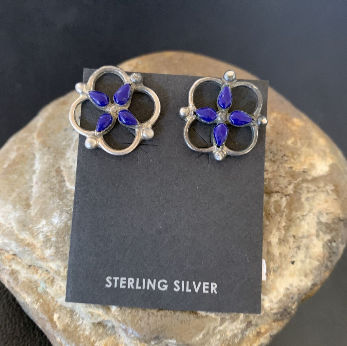 Blue Lapis Sterling Silver Multi-Stone Post Stud Inlay Earrings 0.5" 12707