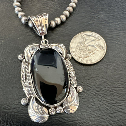 Mens Womens Black Onyx Pendant Navajo Sterling Silver Beads Necklace 18298