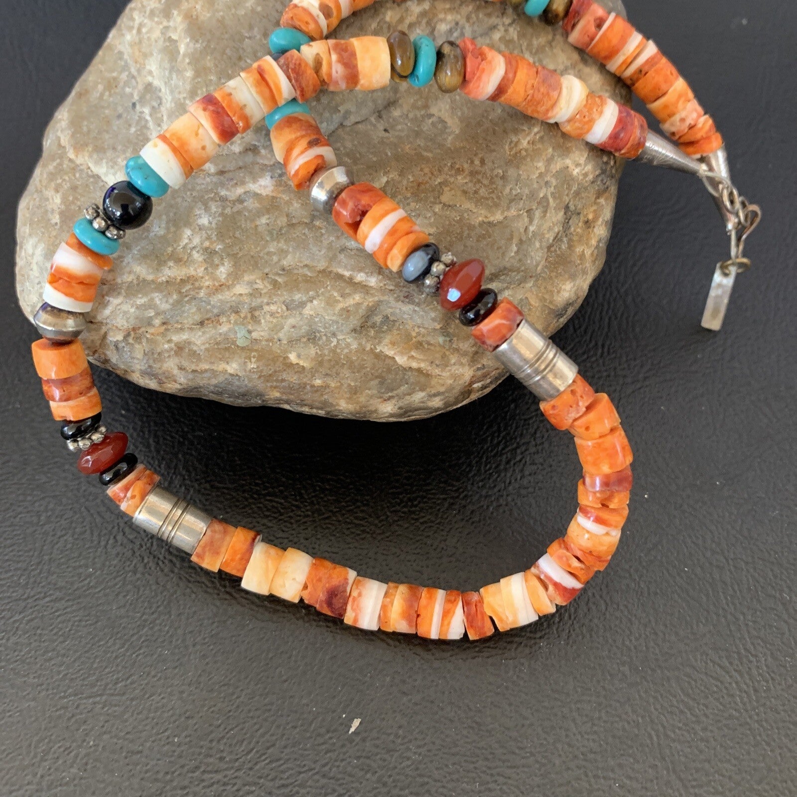 Turquoise Spiny Oyster & Coral Beads Sterling Silver Gold Necklace 10394