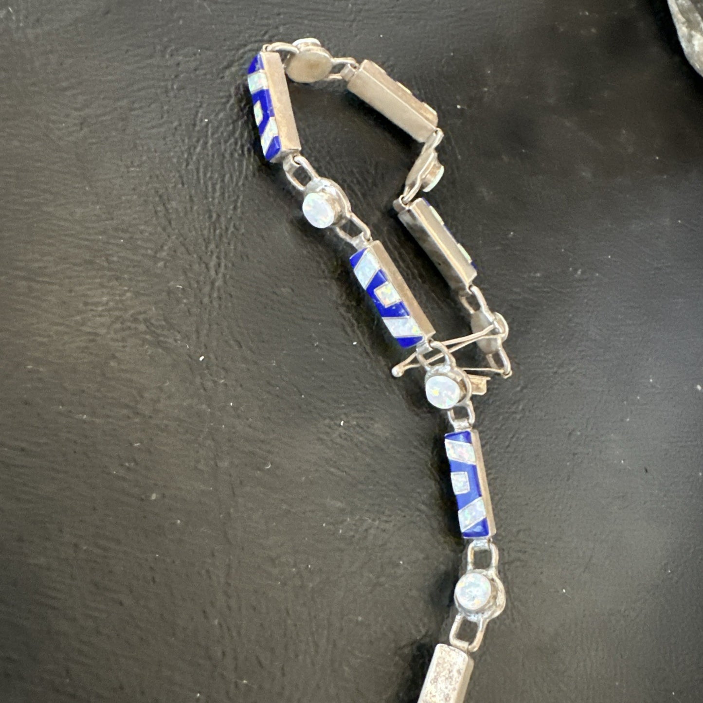 A Womens Blue Lapis Opal Sterling Silver Link Bracelet 7" 19794