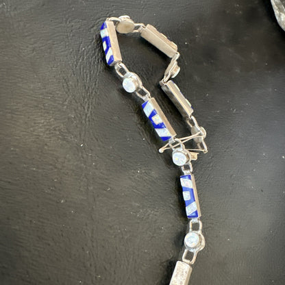 A Womens Blue Lapis Opal Sterling Silver Link Bracelet 7" 19794