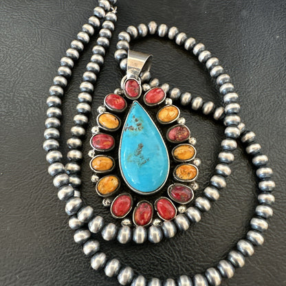 Multicolor Turquoise Spiny Navajo Sterling Silver Cluster Pendant Necklace 19560