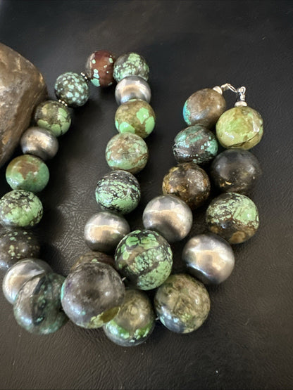 18mm Green Turquoise Round Navajo Pearls Sterling Silver Necklace 21" 19145