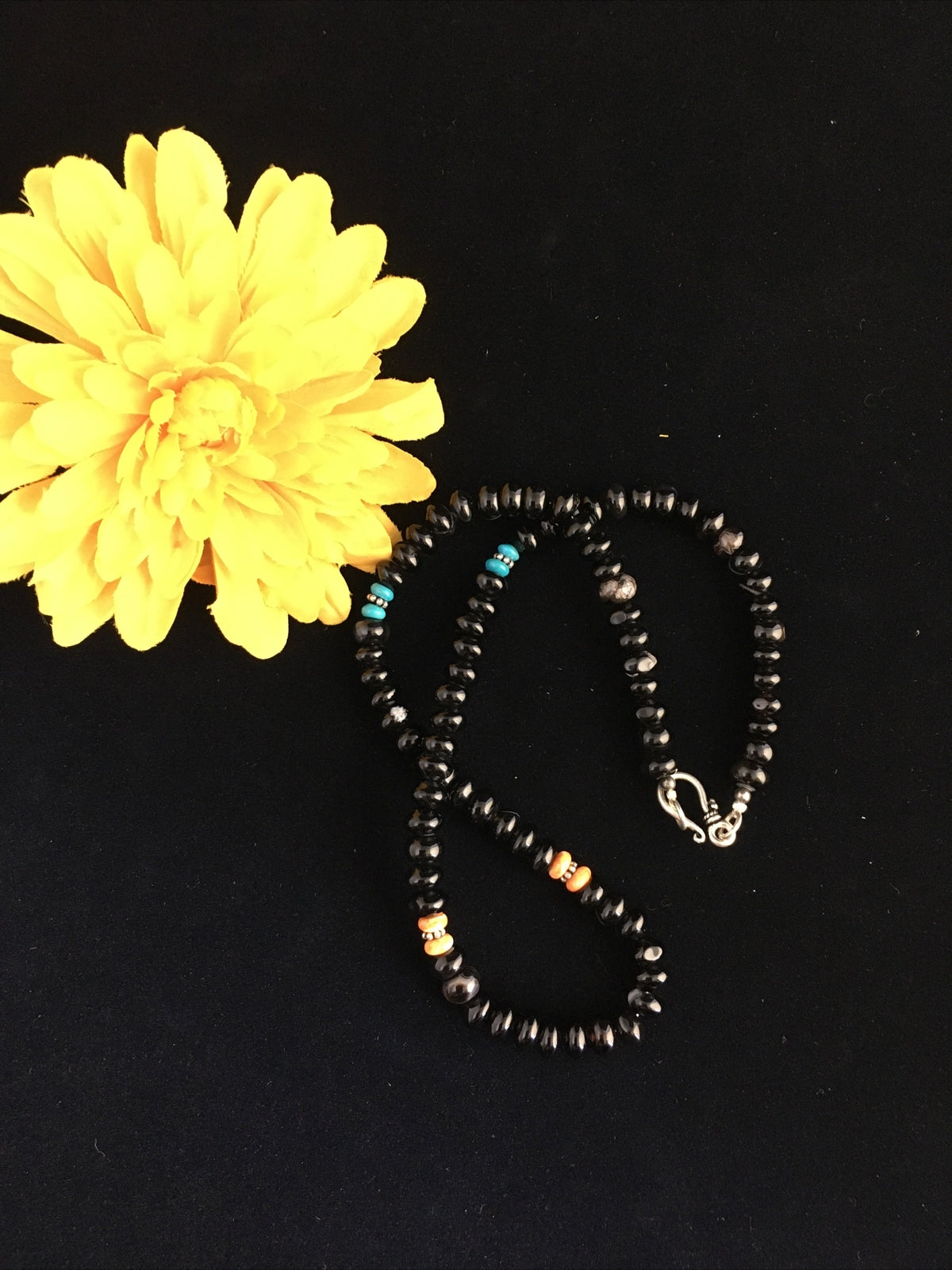 Black Onyx & Turquoise Navajo Sterling Silver Necklace 18” 10020