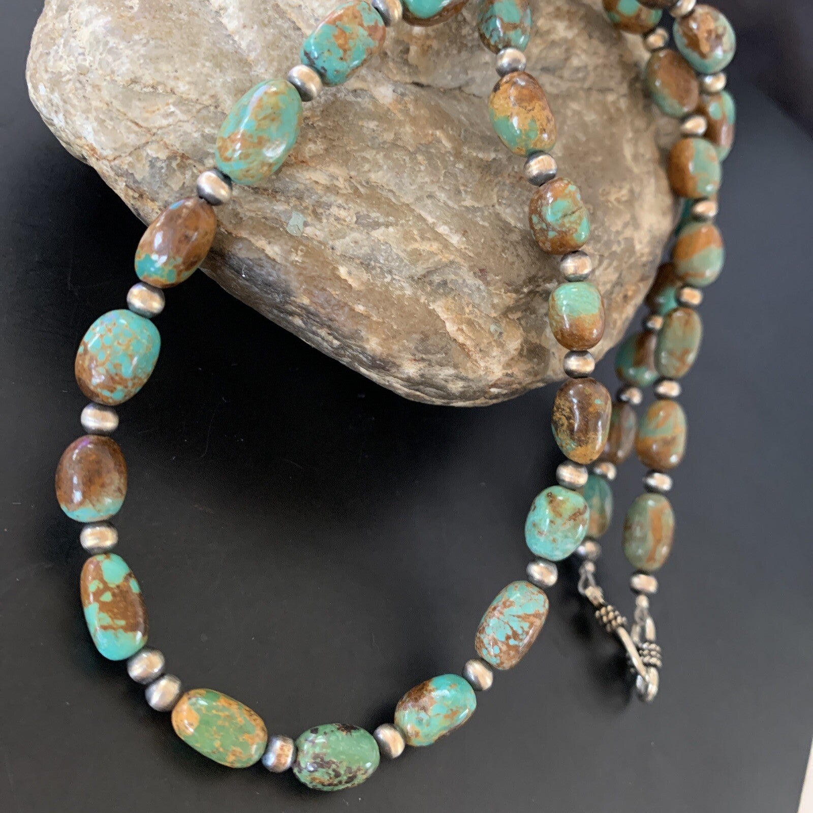 Green Royston Turquoise Bead Navajo Sterling Silver Beads Necklace 11465