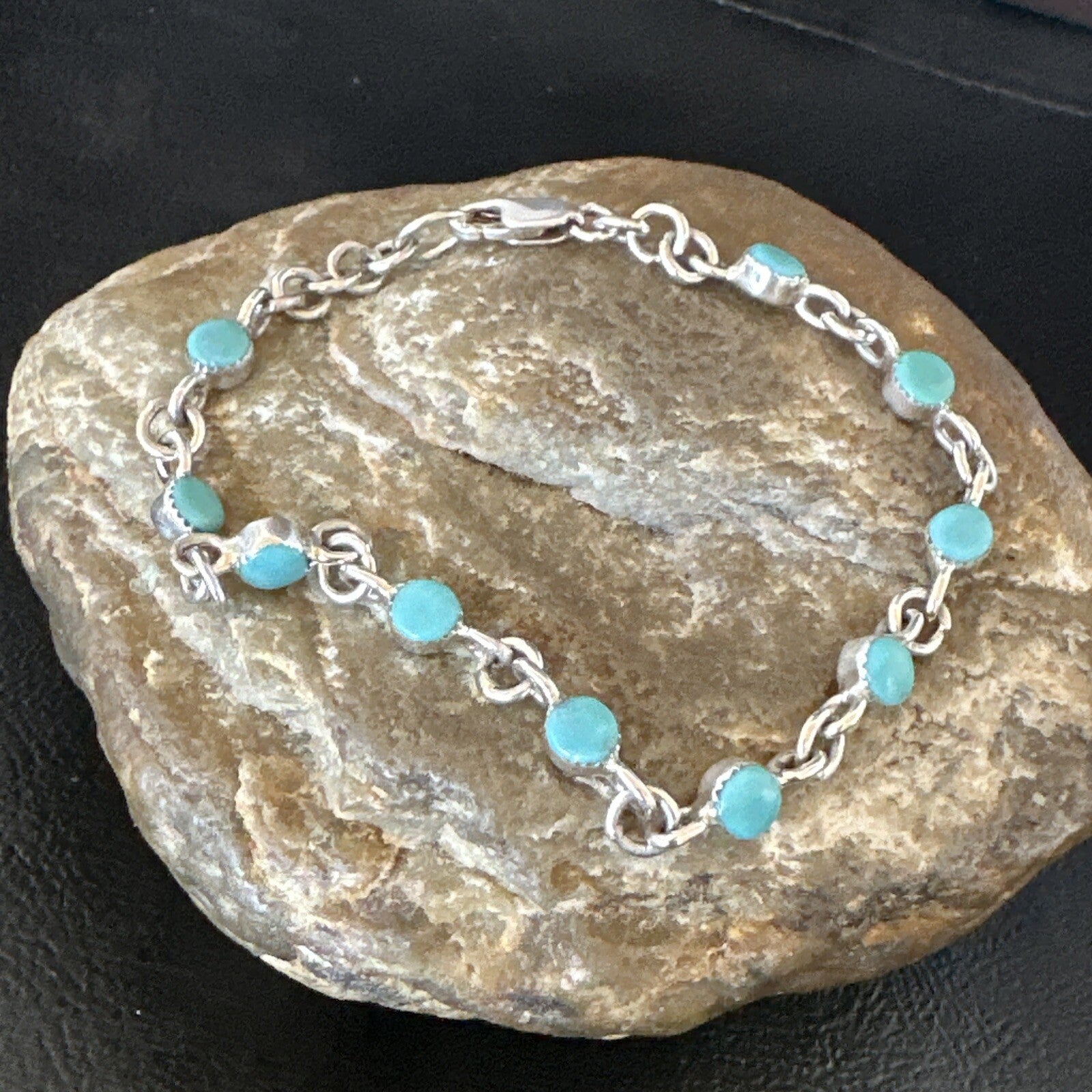 Blue Turquoise Navajo Old Pawn Sterling Silver Link Bracelet 7.5" 18129
