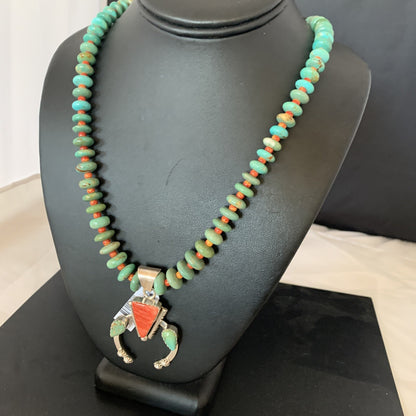 Royston Turquoise & Spiny Oyster Pendant Navajo Sterling Silver Necklace 02042