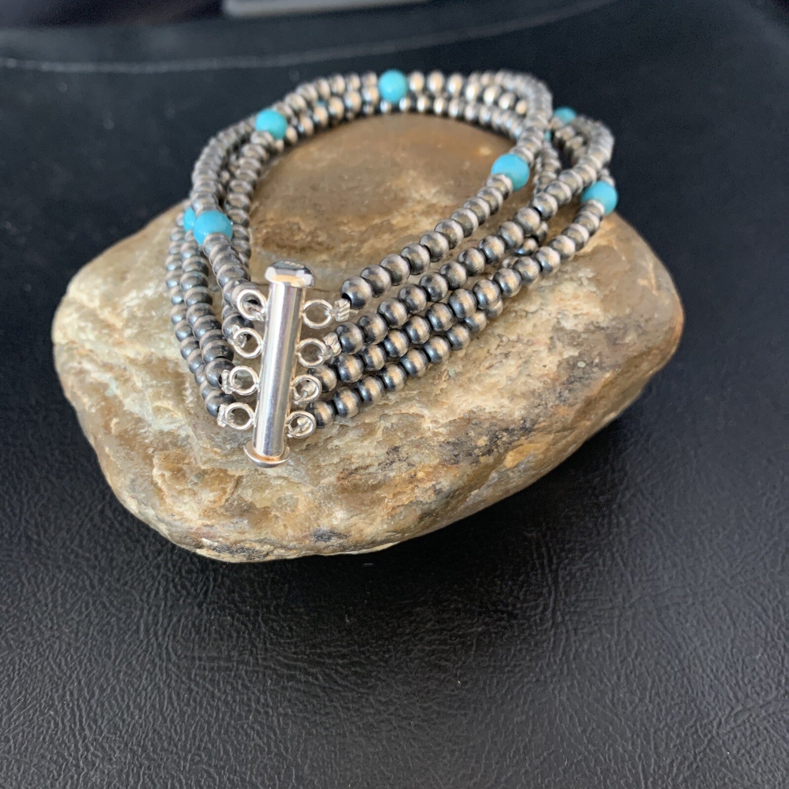 Native Navajo Sterling Silver Beads Blue Turquoise Bracelet 4 Strands 13587