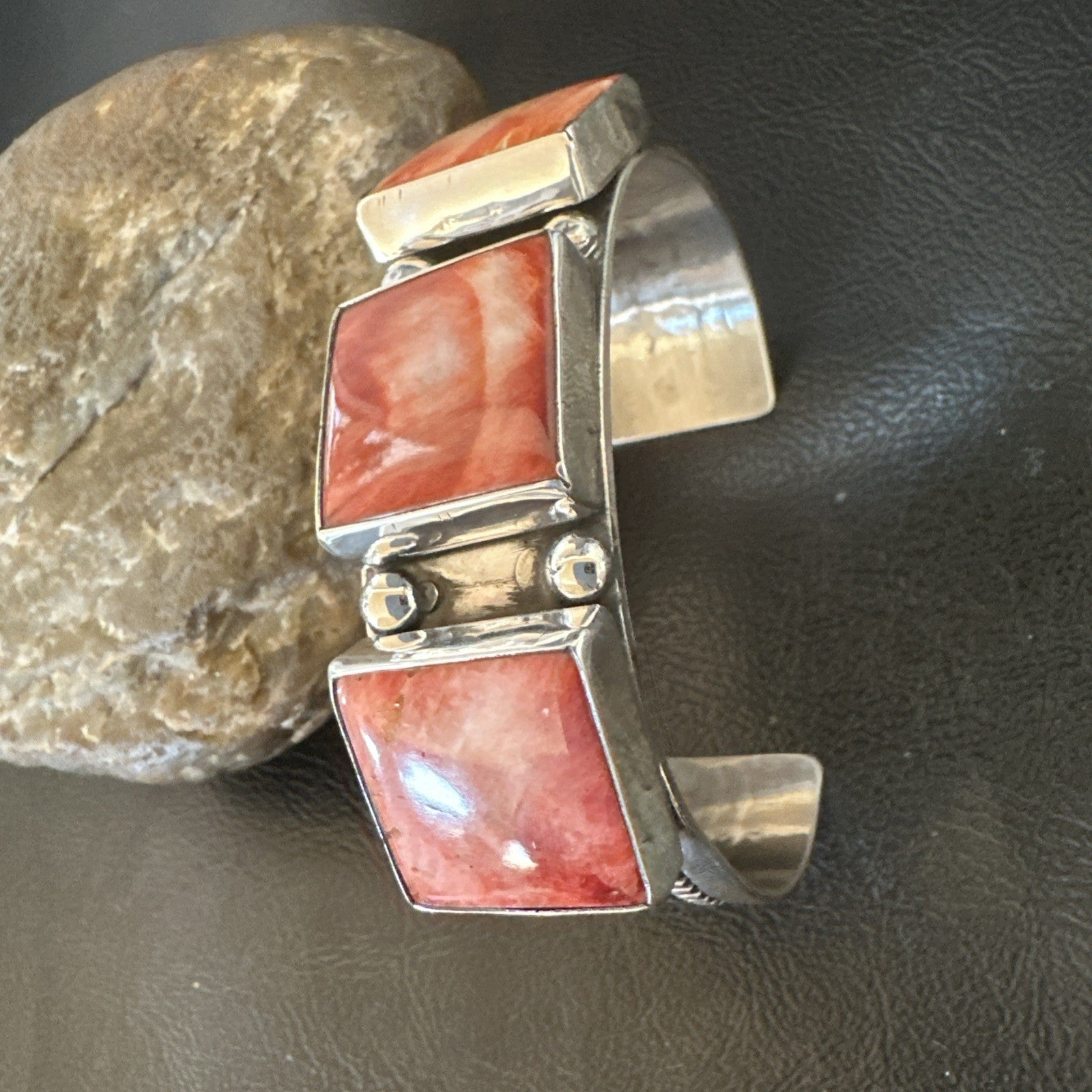 Red Spiny 3 Stone Sterling Silver Navajo Cuff Bracelet 7.7" 19488