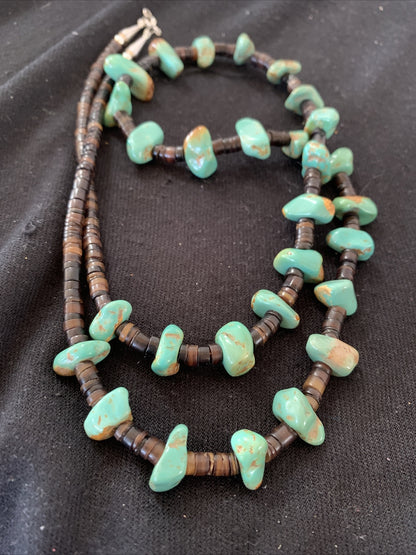 Native Navajo 30" Turquoise Shell Heishi Sterling Silver Bead Necklace 00764