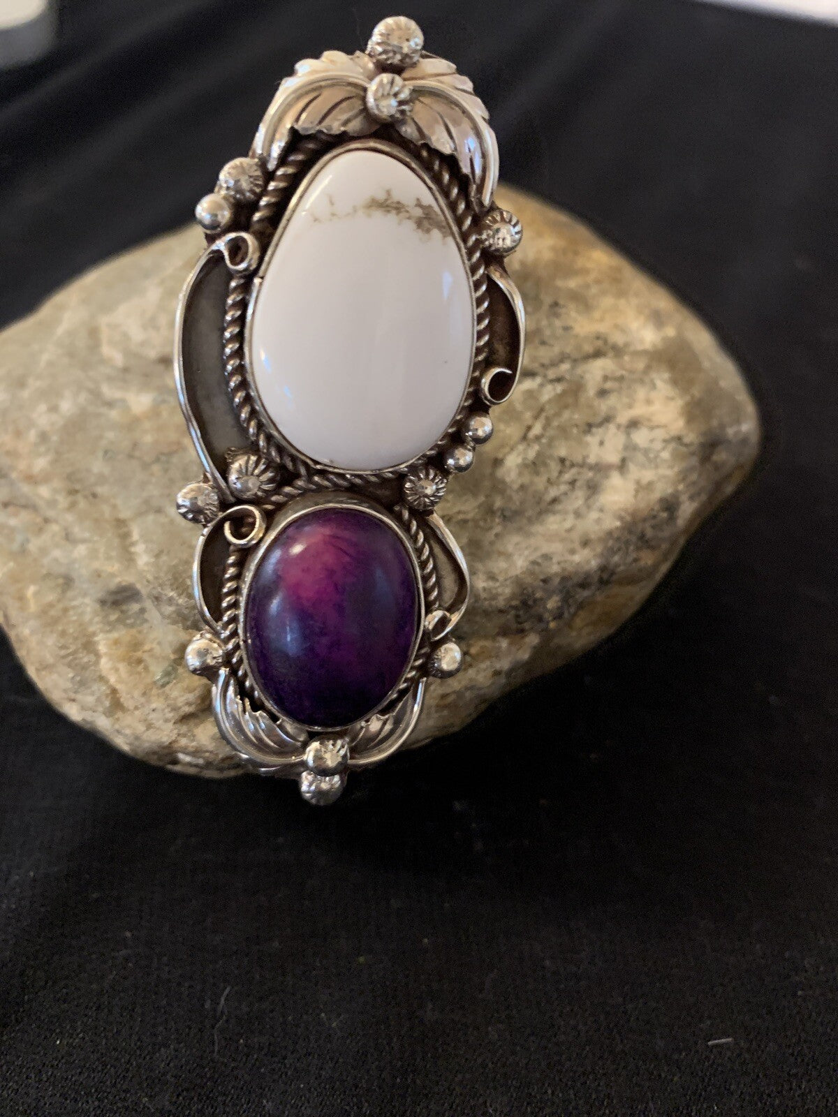 Southwestern Sterling Silver White Buffalo Purple Stone Ring Sz 8.5 00399